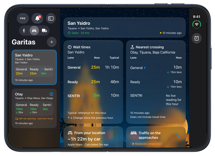 Garitas on an open iPhone Duo with favorites in the sidebar, wait times and the nearest crossing.
