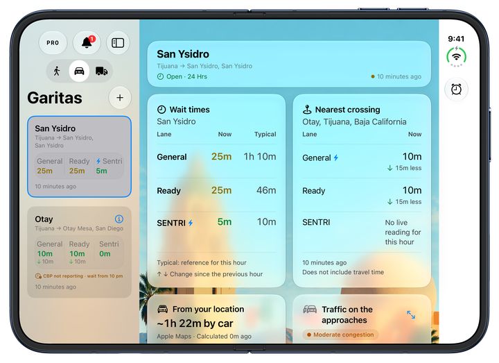 Garitas on an open iPhone Duo with favorites in the sidebar, wait times and the nearest crossing.