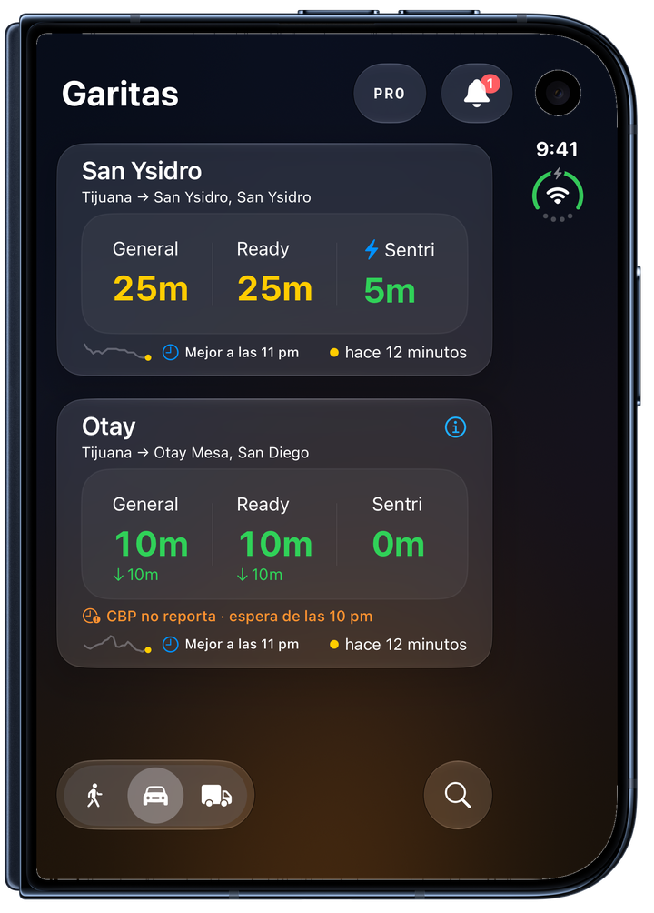 Lista de garitas y tiempos por carril en la pantalla exterior de iPhone Duo.