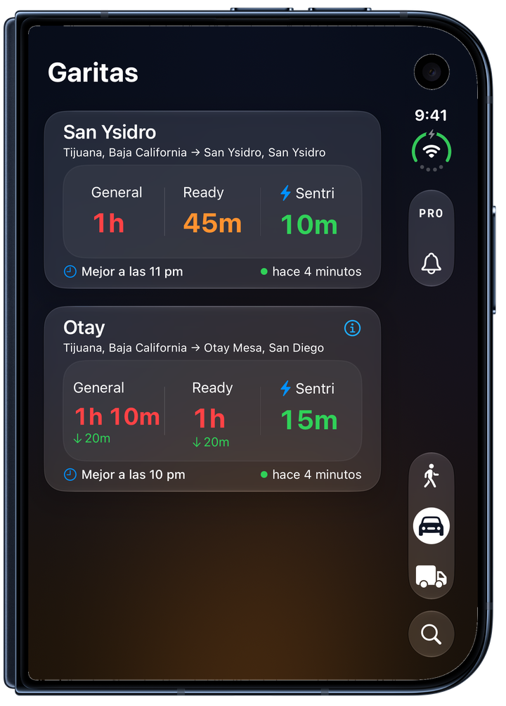 Garitas en iPhone Duo cerrado con favoritas, tiempos por carril y accesos verticales a PRO, Novedades, tipo de cruce y Puertos.