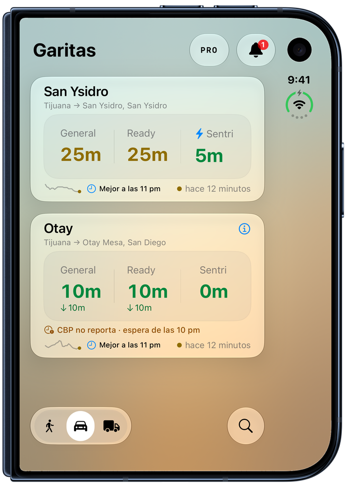 Lista de garitas y tiempos por carril en la pantalla exterior de iPhone Duo.