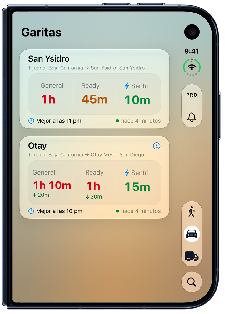 Garitas en iPhone Duo cerrado con favoritas, tiempos por carril y accesos verticales a PRO, Novedades, tipo de cruce y Puertos.