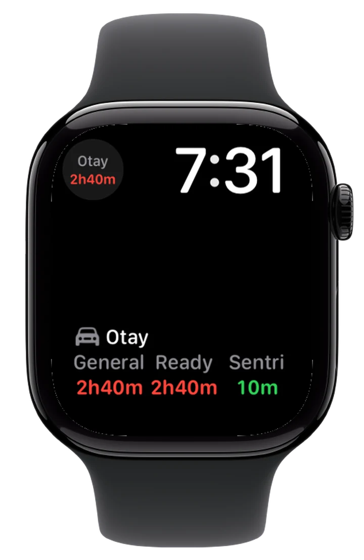 Apple Watch face with Otay complications and lane wait times.