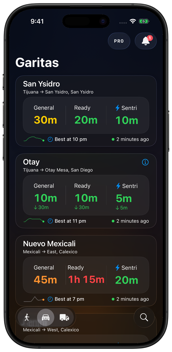 Crossing list and wait times in the Garitas iPhone app.