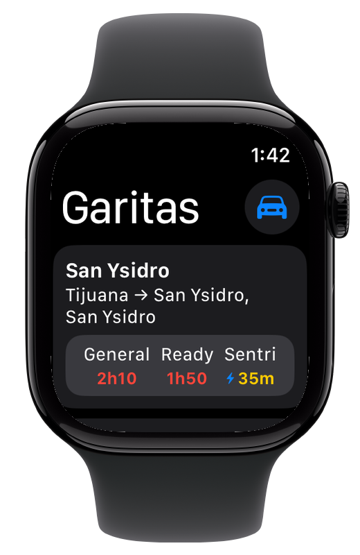 Garitas for Apple Watch showing San Ysidro and wait times for each lane.