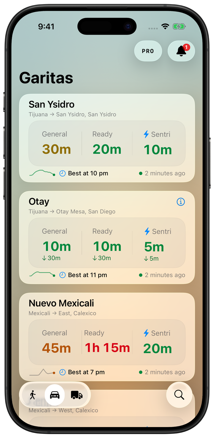 Crossing list and wait times in the Garitas iPhone app.