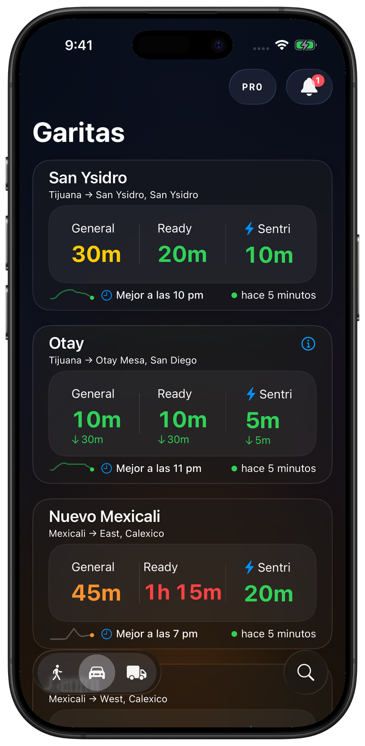 Lista de garitas y tiempos de espera en la app para iPhone.