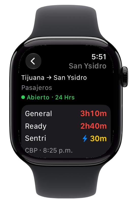 Garitas para Apple Watch mostrando San Ysidro y los tiempos de cada carril.