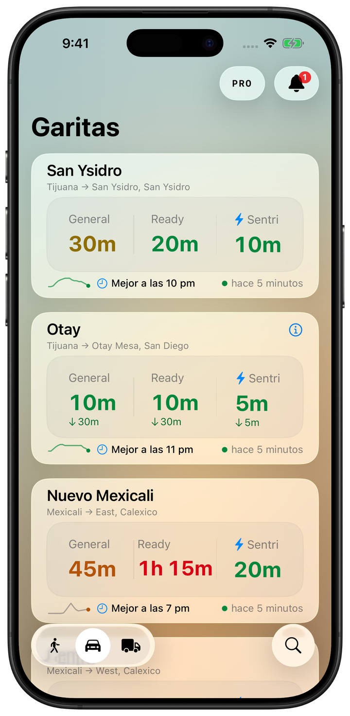 Lista de garitas y tiempos de espera en la app para iPhone.
