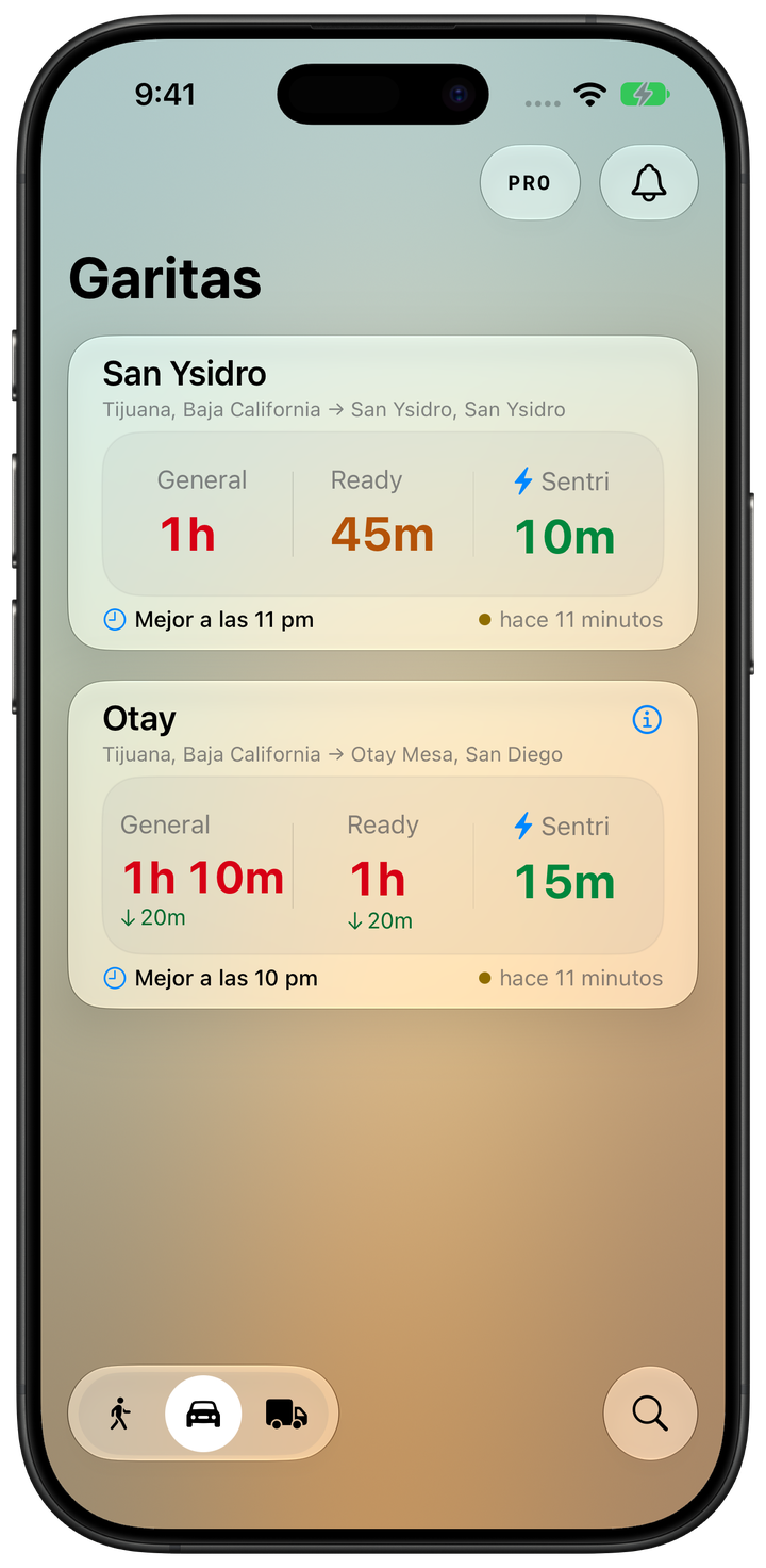 Lista de garitas y tiempos de espera en la app para iPhone.