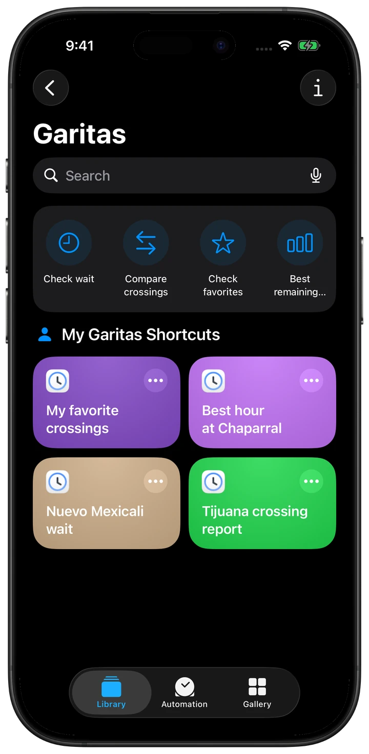 Configured Garitas shortcuts for comparing Otay and San Ysidro, checking Nuevo Mexicali and finding the best remaining pedestrian hour at El Chaparral.