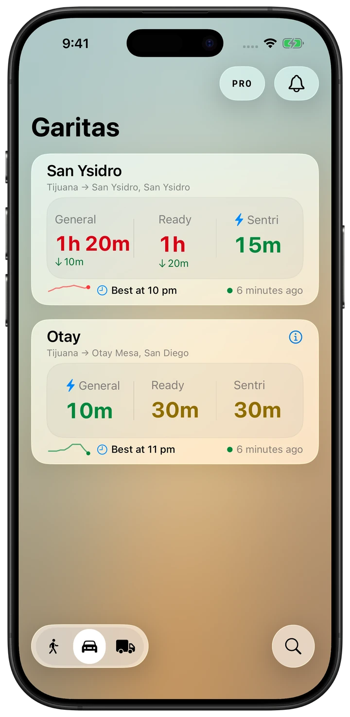 Garitas app list showing live wait times by crossing and lane