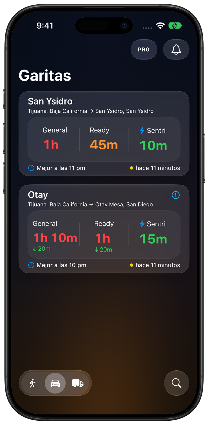 Lista de la app Garitas con tiempos de espera en vivo por garita y carril