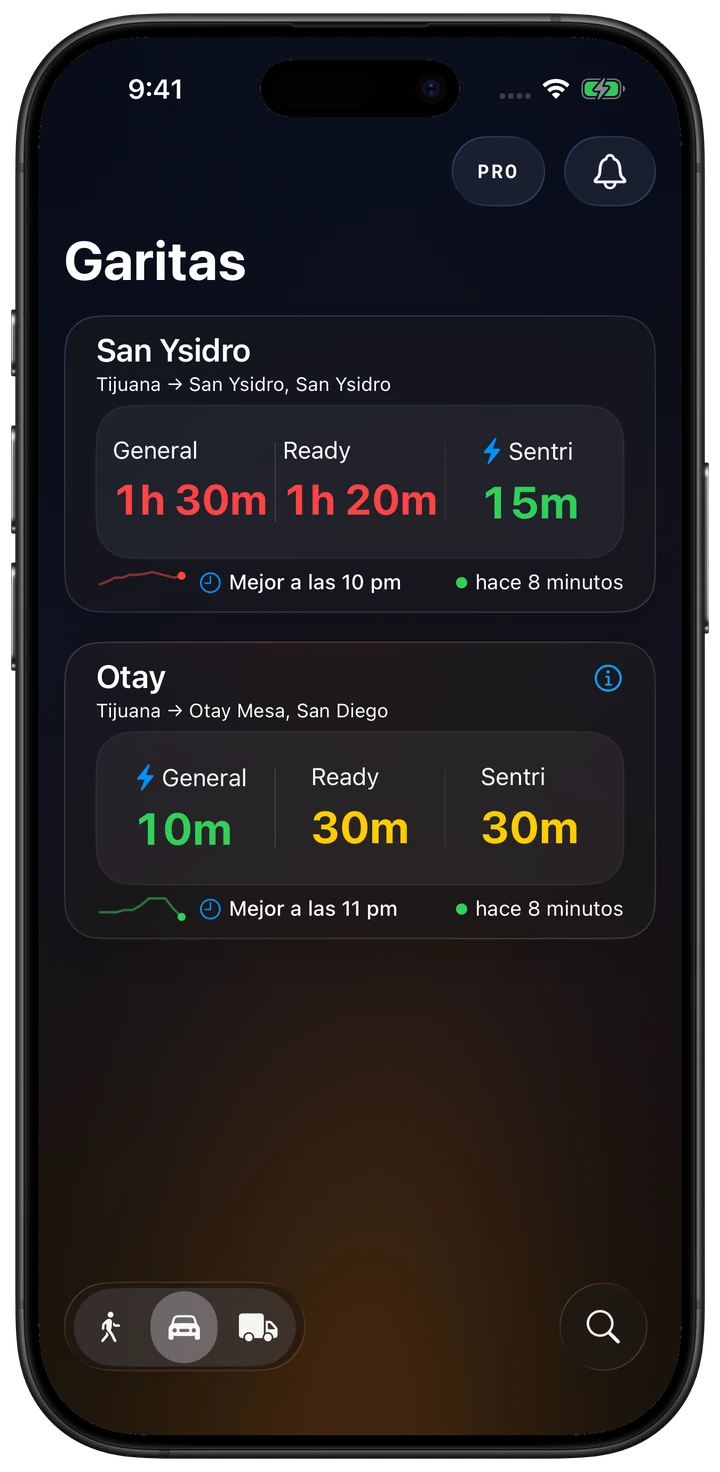 Lista de la app Garitas con tiempos de espera en vivo por garita y carril