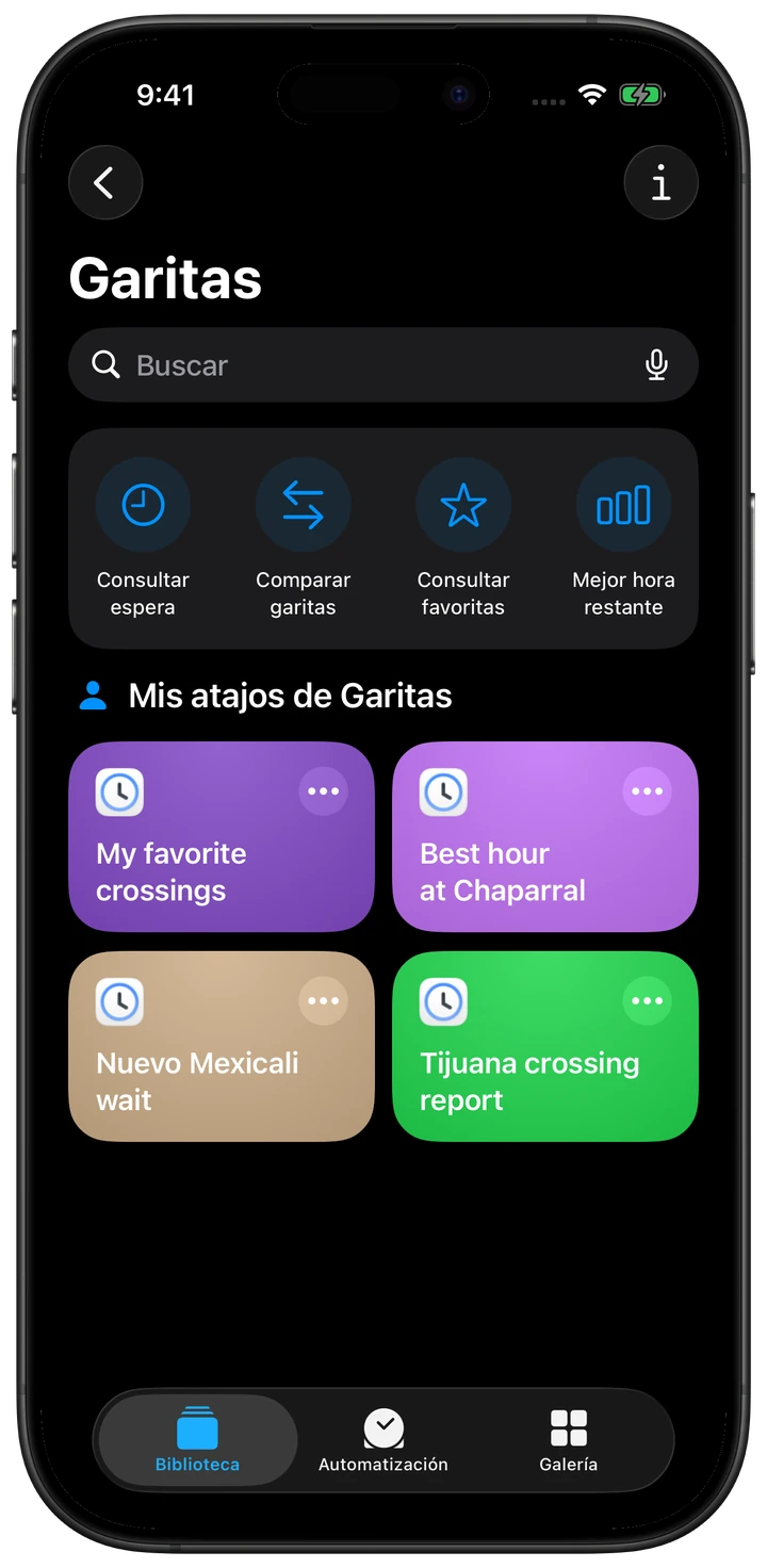 Atajos configurados de Garitas para comparar Otay y San Ysidro, consultar Nuevo Mexicali y buscar la mejor hora peatonal en El Chaparral.