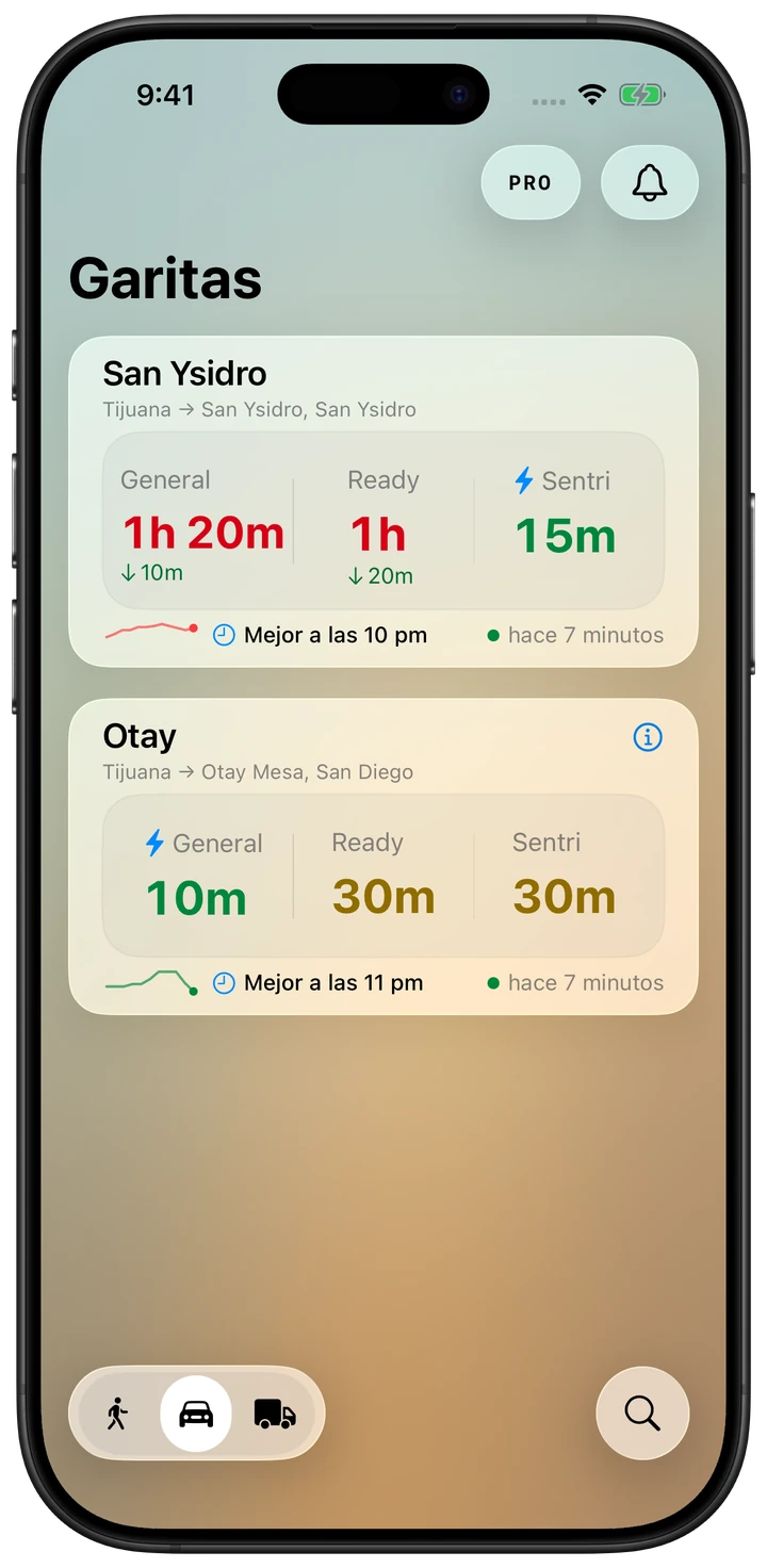 Lista de la app Garitas con tiempos de espera en vivo por garita y carril
