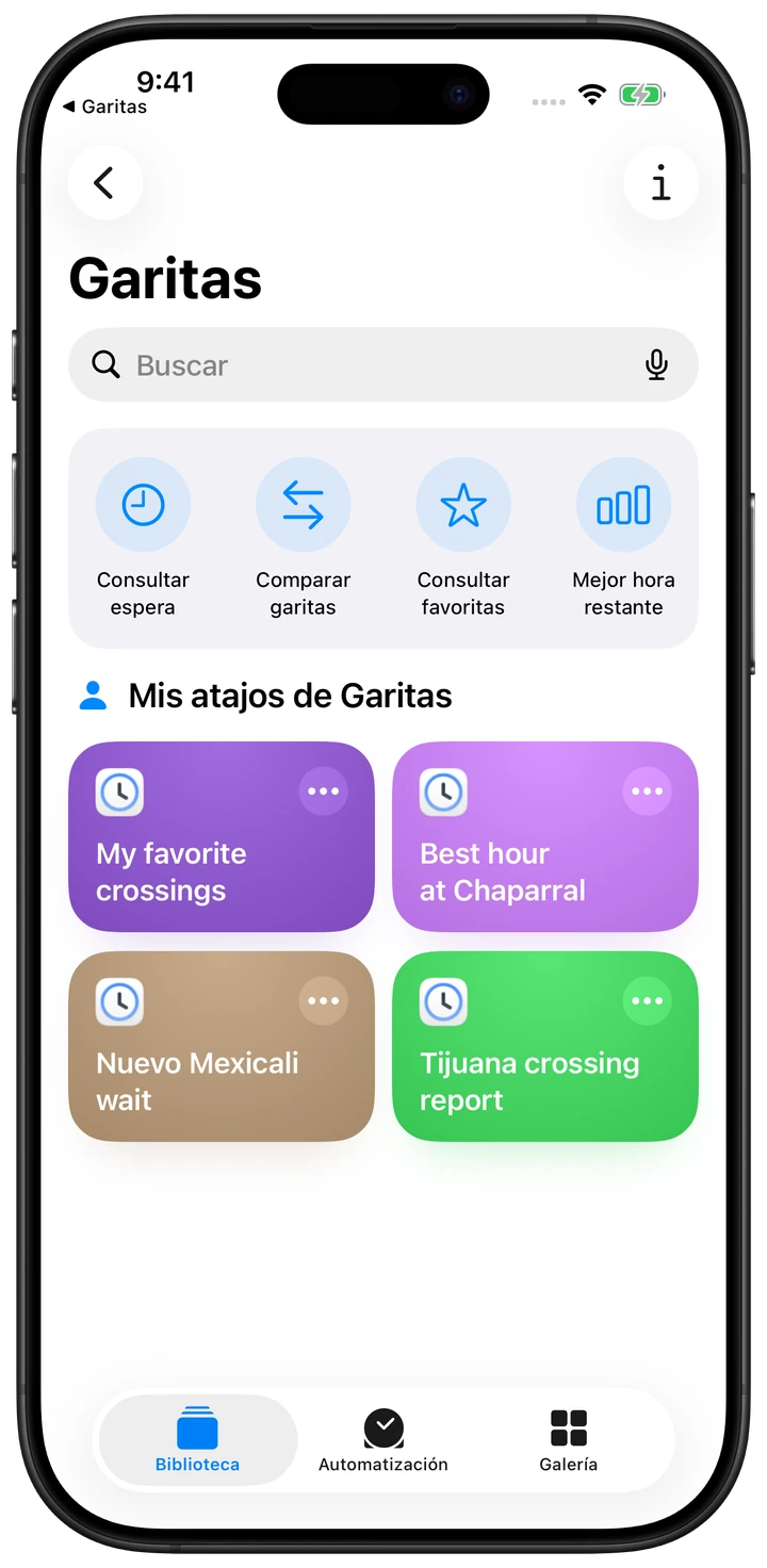Atajos configurados de Garitas para comparar Otay y San Ysidro, consultar Nuevo Mexicali y buscar la mejor hora peatonal en El Chaparral.