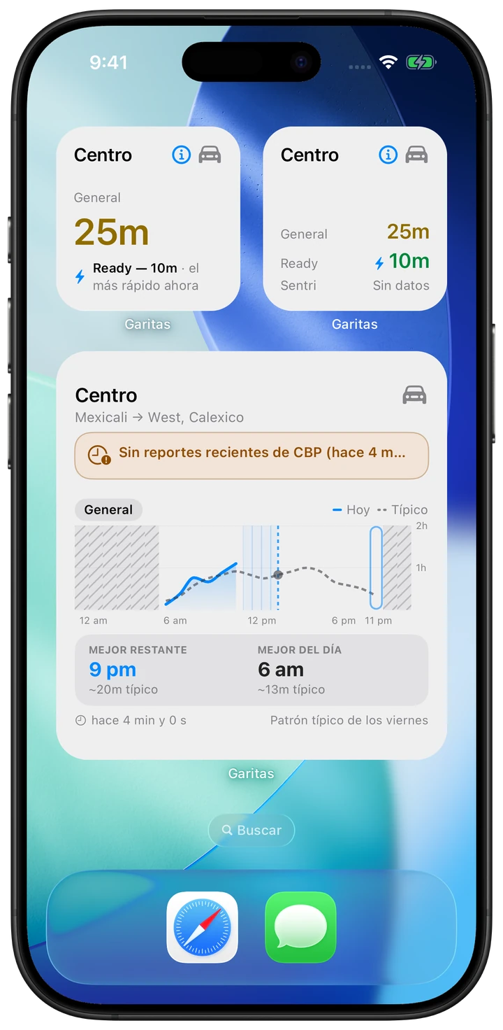 Pantalla de inicio de un iPhone con dos widgets pequeños de Centro y uno grande de Centro con la curva azul de hoy y la curva típica punteada.