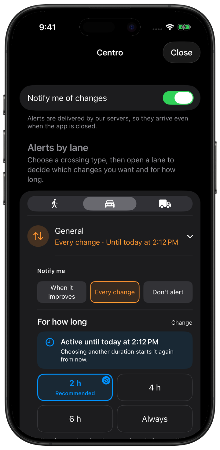 Garitas alert settings for Centro: every change in the General lane for two hours.