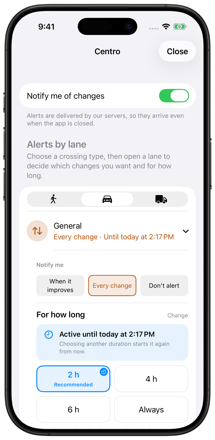 Garitas alert settings for Centro: every change in the General lane for two hours.