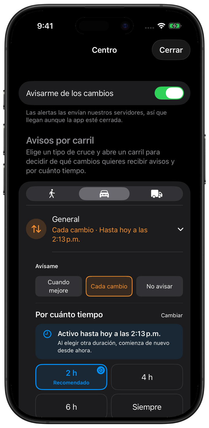 Configuración de alertas de Centro en Garitas: cada cambio del carril General durante dos horas.