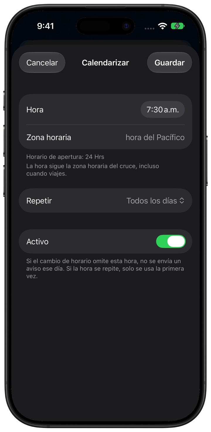Formulario de Calendarizar de San Ysidro en Garitas Pro, con hora local, repetición y días de la semana.