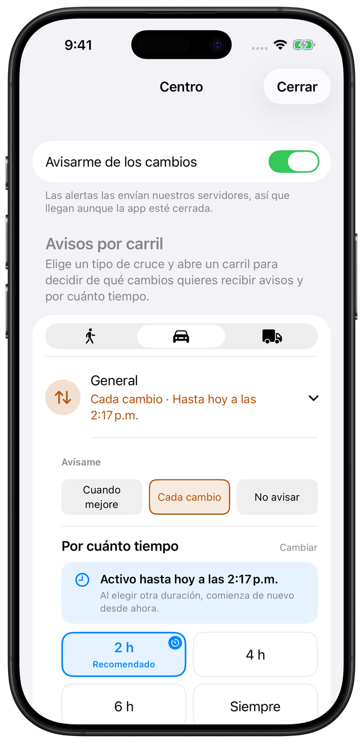 Configuración de alertas de Centro en Garitas: cada cambio del carril General durante dos horas.