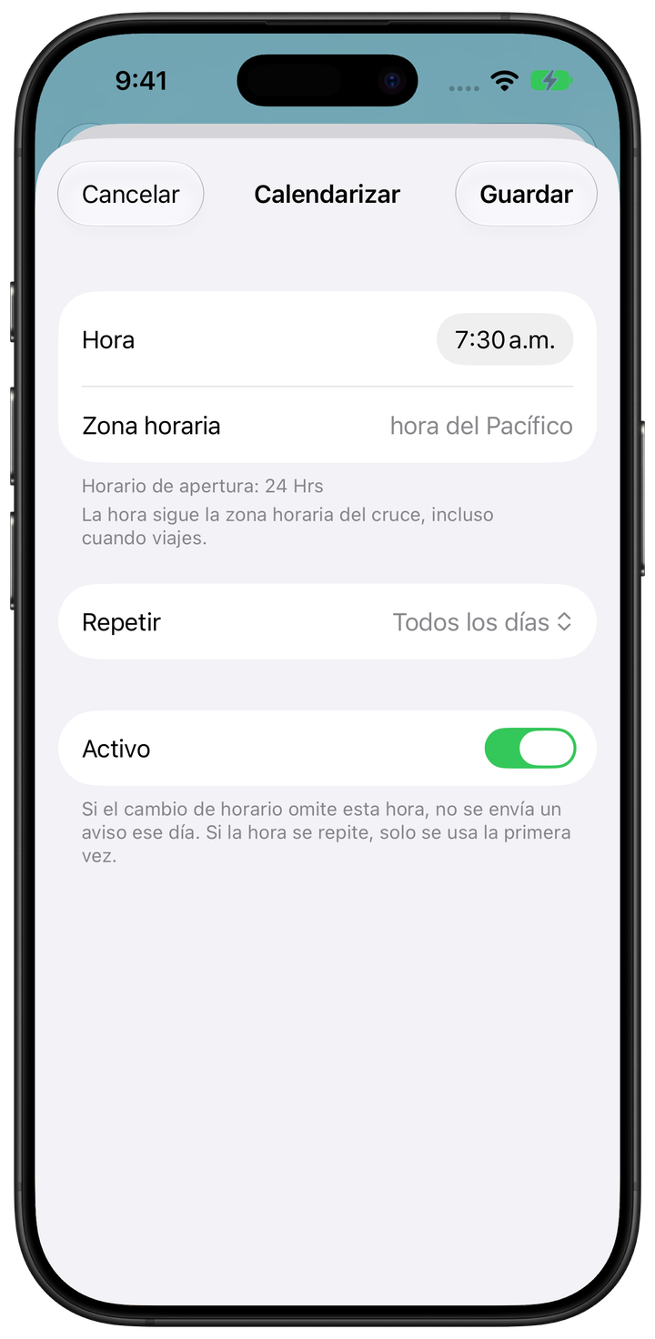 Formulario de Calendarizar de San Ysidro en Garitas Pro, con hora local, repetición y días de la semana.