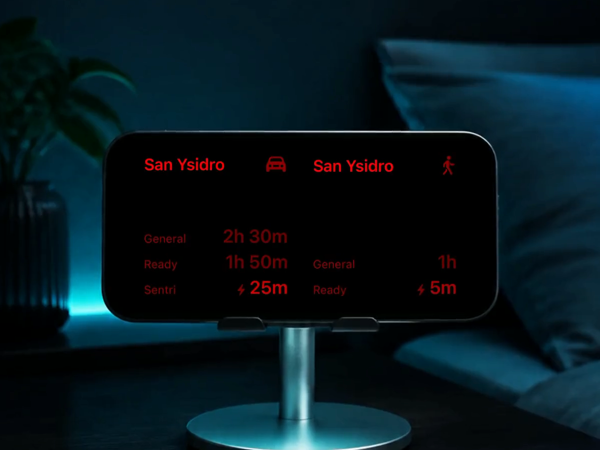 Garitas en el modo nocturno de StandBy, con texto rojo en el iPhone sobre su base junto a la cama.