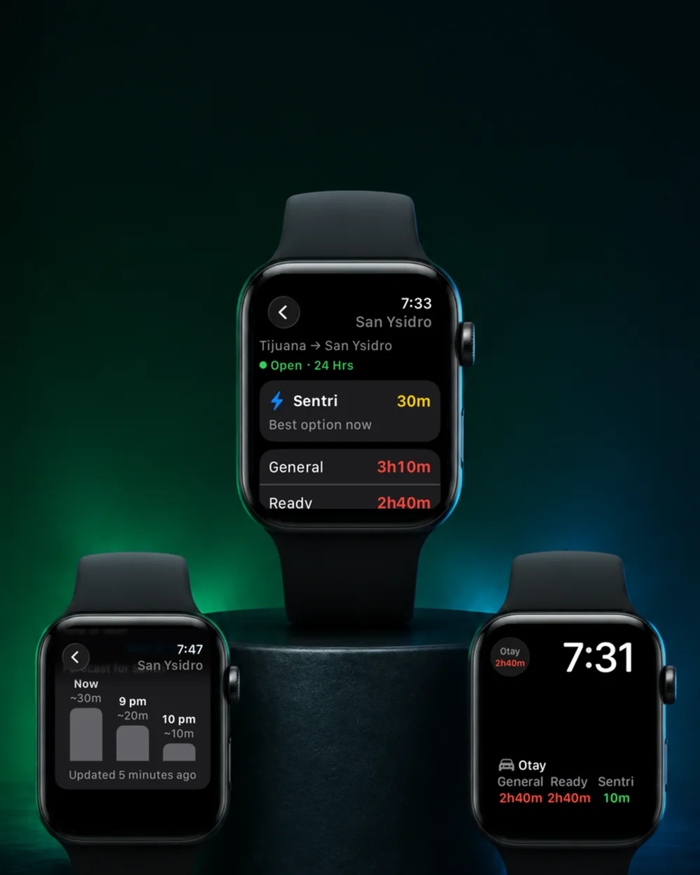 Three Apple Watches showing San Ysidro detail and forecast plus an Otay complication.