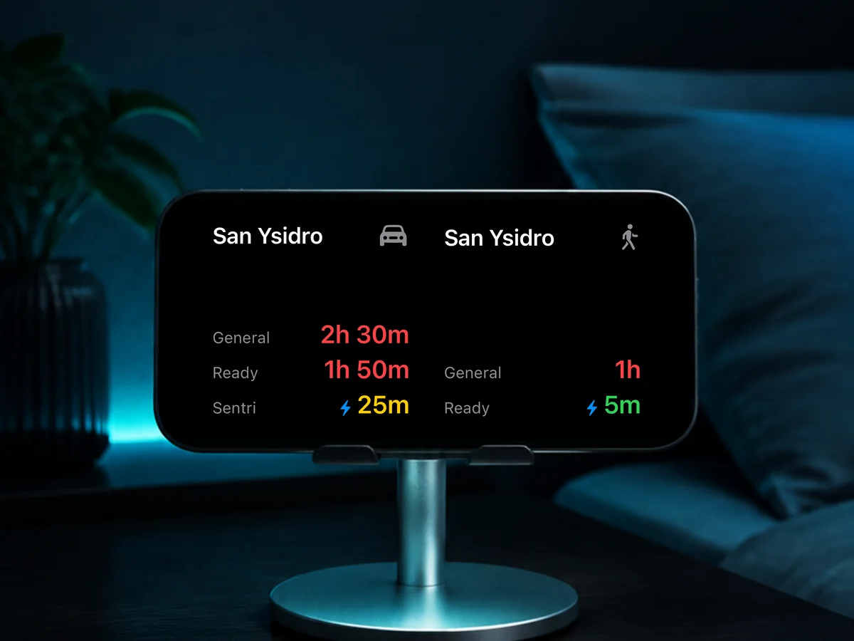 Landscape iPhone on its bedside charging stand showing Garitas in StandBy.