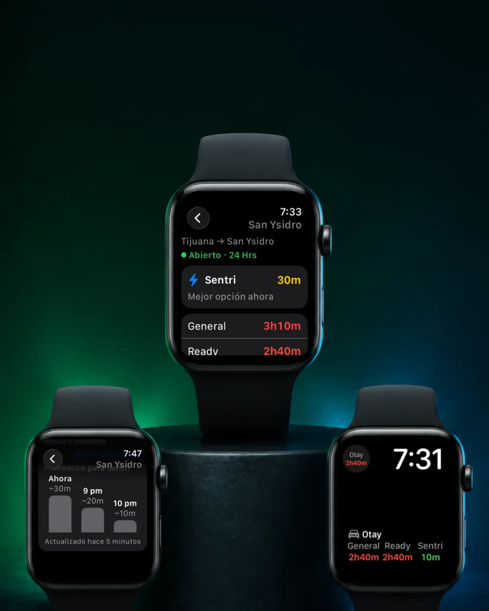 Tres Apple Watch con el detalle y pronóstico de San Ysidro y una complicación de Otay.