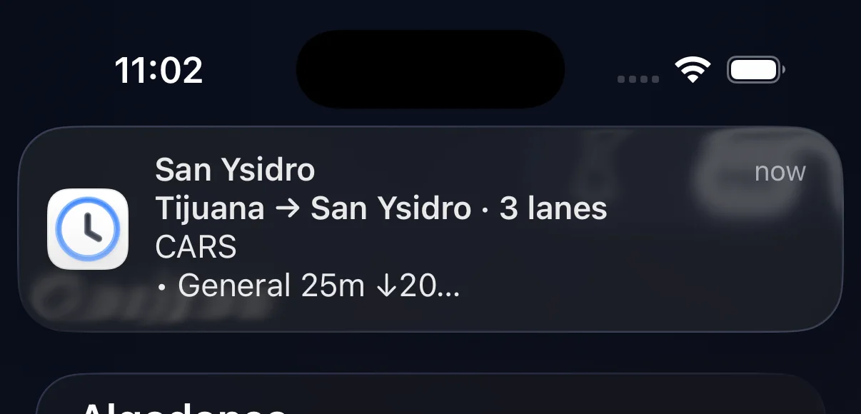 Garitas Pro notification showing that San Ysidro's General wait dropped to 25 minutes.