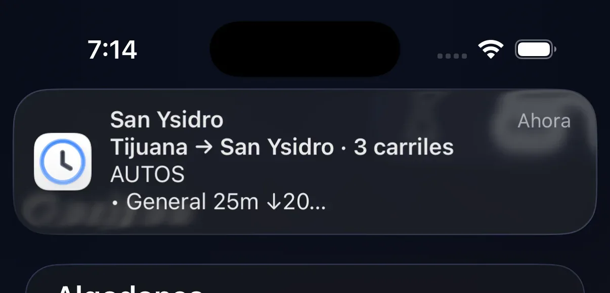 Notificación de Garitas Pro que informa que la espera General de San Ysidro bajó a 25 minutos.
