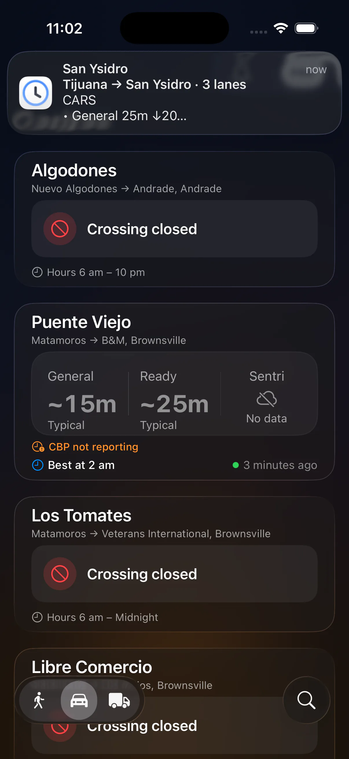 Garitas Pro notification showing that San Ysidro's General wait dropped to 25 minutes.