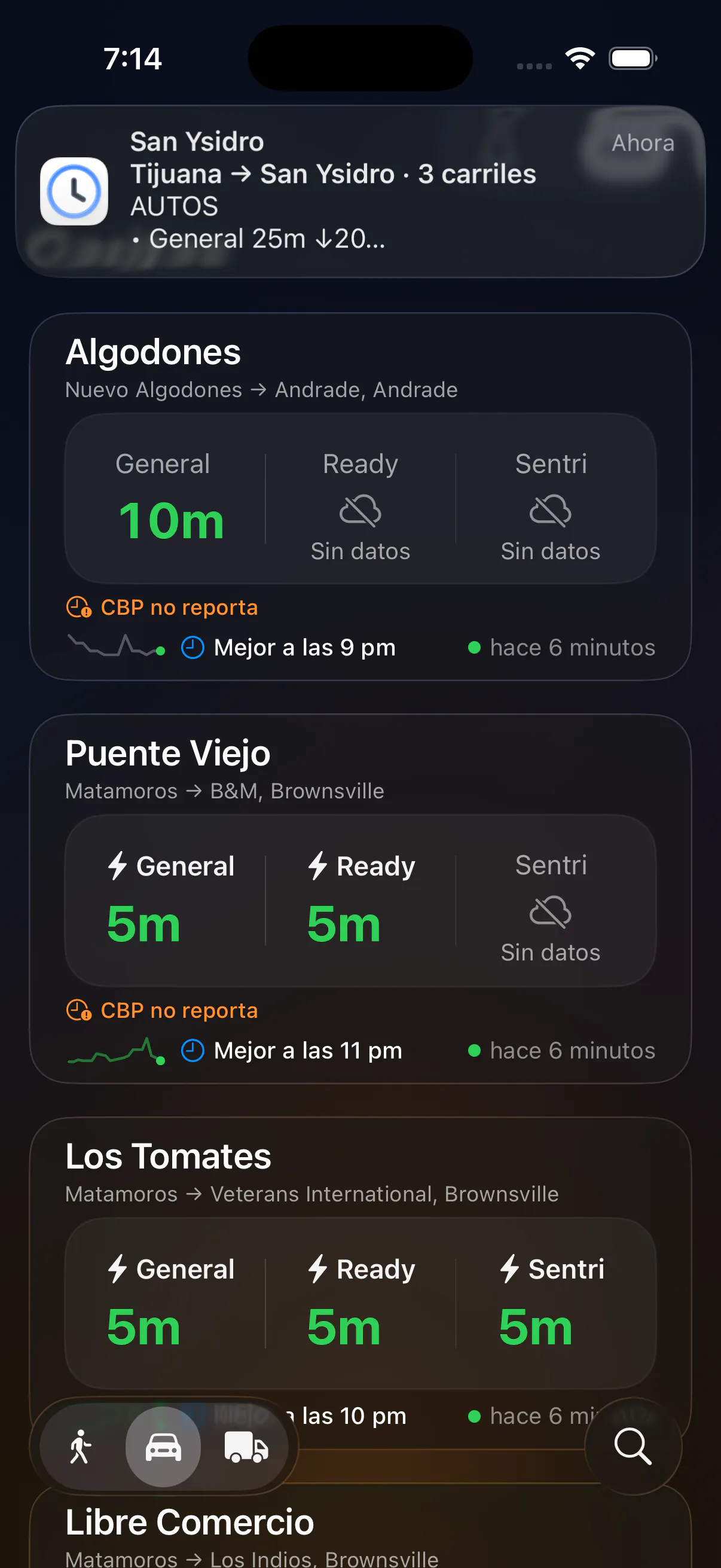 Notificación de Garitas Pro que informa que la espera General de San Ysidro bajó a 25 minutos.